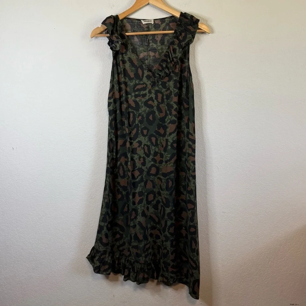 Zadig & Voltaire Green Black Rebelle Leo Midi Dress V Neck Leopard Size Small - Picture 2 of 13